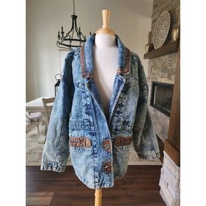 Vintage Current Seen Acid Wash Denim Jacket Women Small Oversized Leather Trim